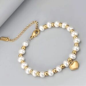 Heart Shape Pendant Bracelet with Faux Pearls, Stainless Steel Beads, Minimalist